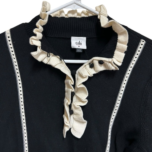 CAbi Adorn sweater Black Ribbed Ivory Ruffle Collar size medium NWT - Picture 3 of 7